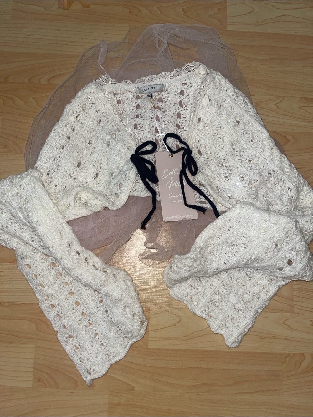 Love Tree white Crocheted Bolero with Black Tie Accents - Picture 2 of 4